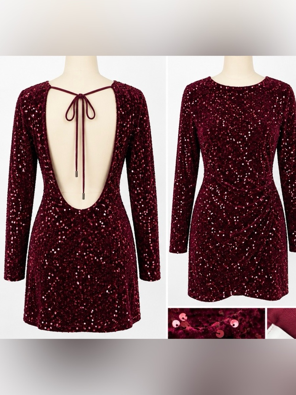 Dimos Burgundy Sequin Velvet Mini Dress Open Back Long Sleeve Size M US 8/10